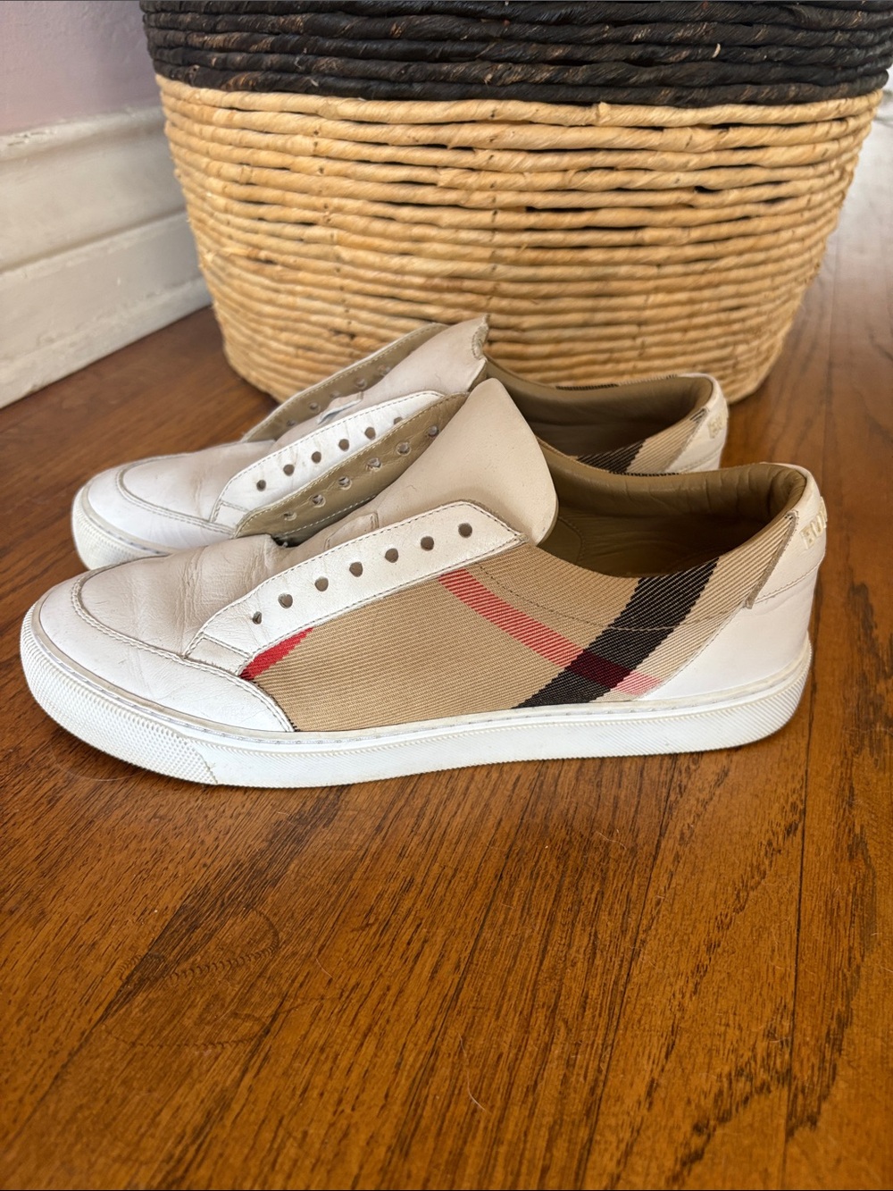Burberry White and Beige Check Slip-On Sneakers